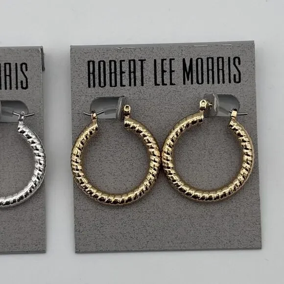 Robert Lee Morris Hoop Earrings Set of 2 Pairs Silver Gold Tone Textured NEW - Picture 4 of 9